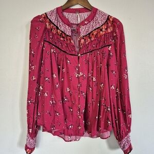 Free People Red Pink Boho Button Up Blouse XS